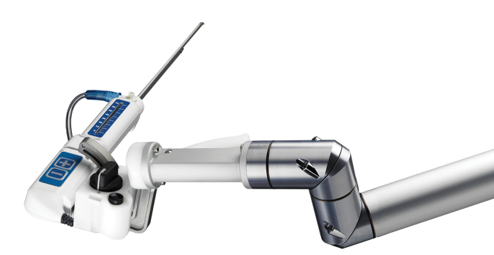Robotic surgical arm with attached instruments, featuring a white and metallic design with blue accents.