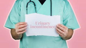 A medical professional in scrubs holding a sign that reads "Urinary incontinence".