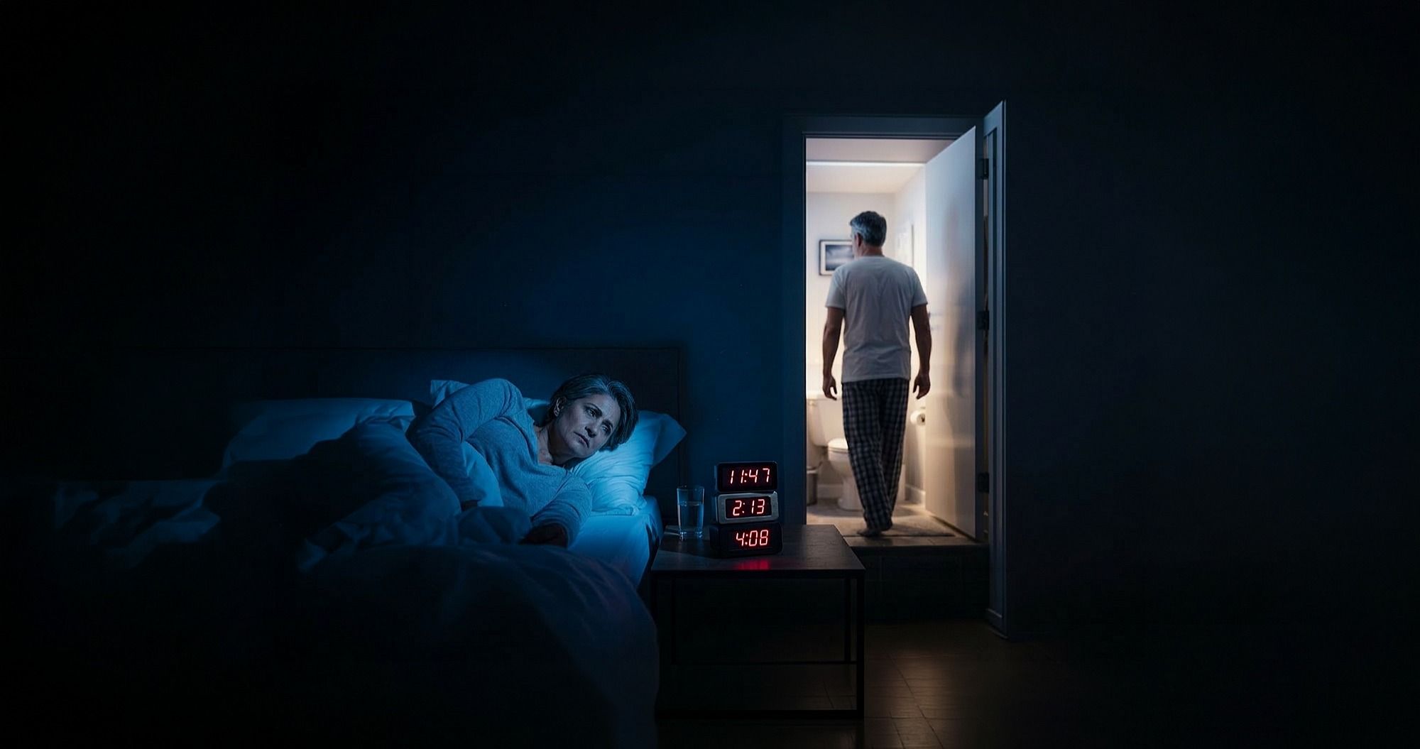 A woman lies awake in bed while a man walks to the bathroom at night