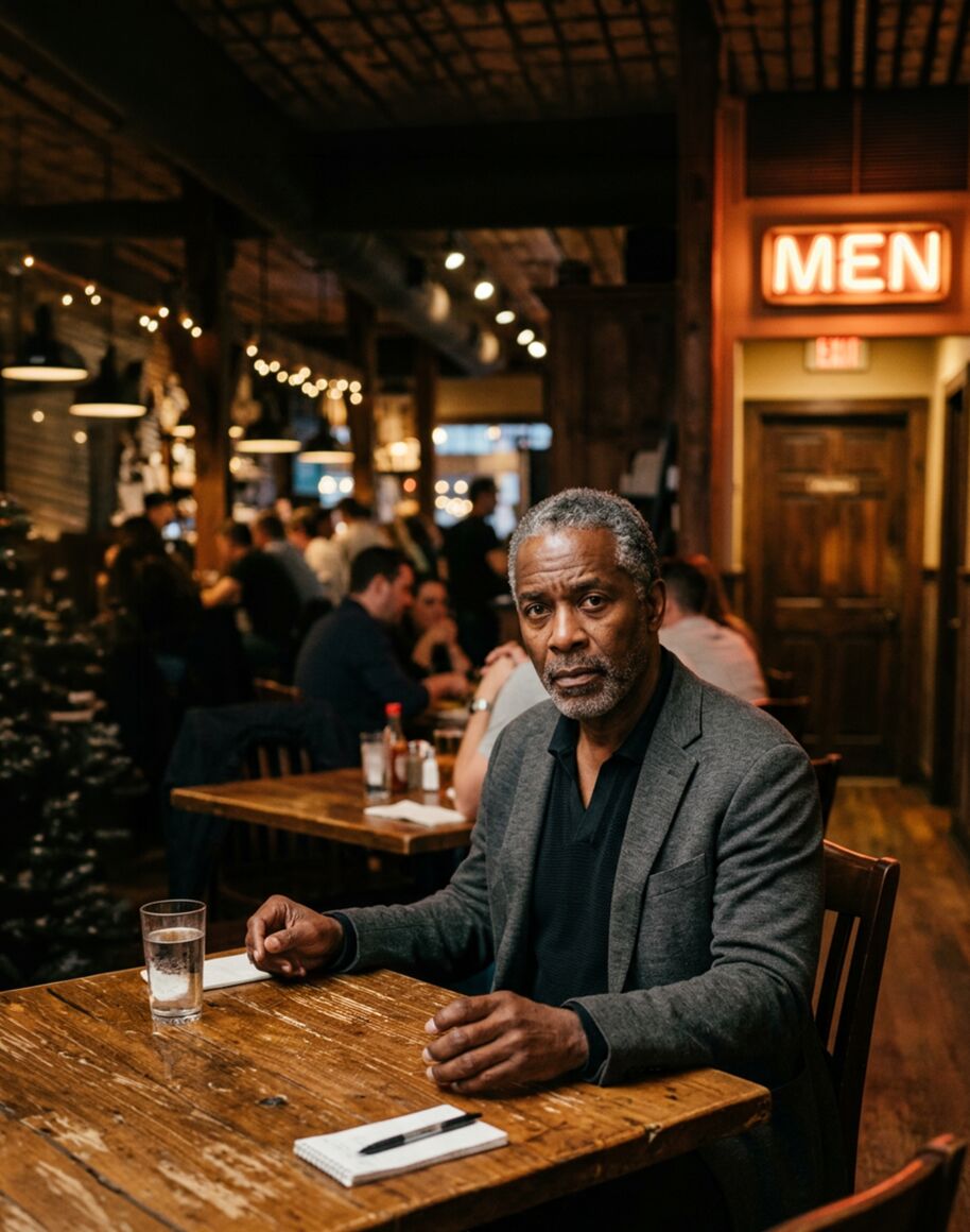 A man sits at a restaurant table near the men's restroom
